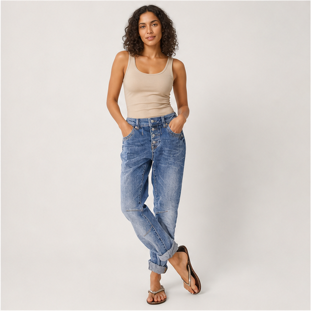 Women's Stretchy Straight Leg Casual Mid Rise Jeans Wash Button Fly Stitch Detail 90s Trendy Denim Jeans - model view